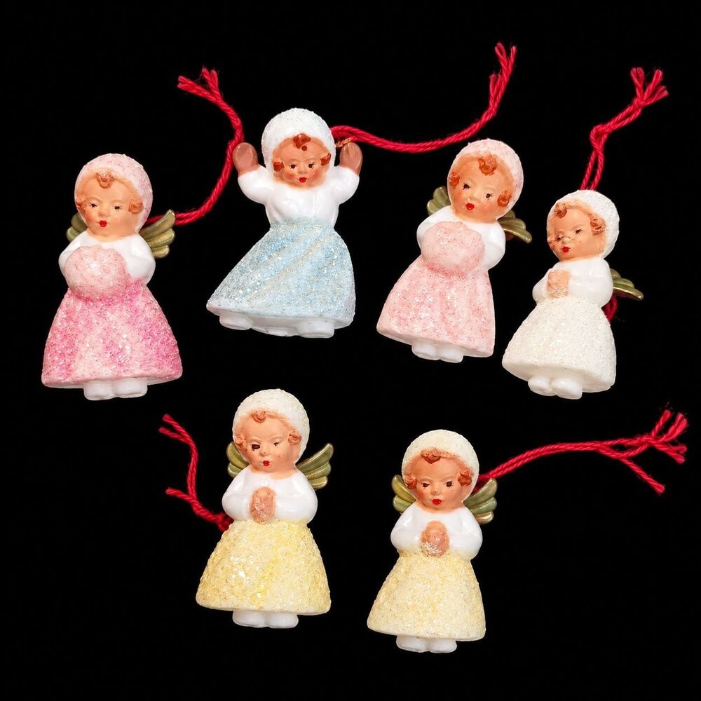 Vintage Christmas Snow Baby Angel Ornaments Lot of 6 Mold Plastic West Germany
